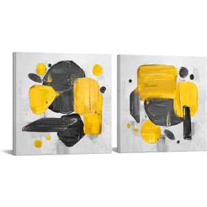 Zlove Yellow and Grey Bathroom Decor, Abstract Wall Art for Living Room - Modern Canvas Wall Art for Bedroom,12"x12", 2Pcs