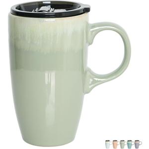 Bosmarlin Ceramic Travel Coffee Mug with Handle and Lid, 18 oz, Portable Coffee Cup for Car Cup Holder, Microwave and Dishwasher Safe, Reactive Glaze (Pale Green)