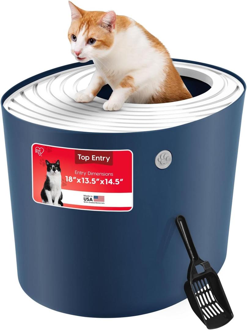 IRIS USA Cat Litter Box, Large Top Entry with Litter Catching Lid and Scoop, Dog Proof, Cat Box Enclosure, Navy/White