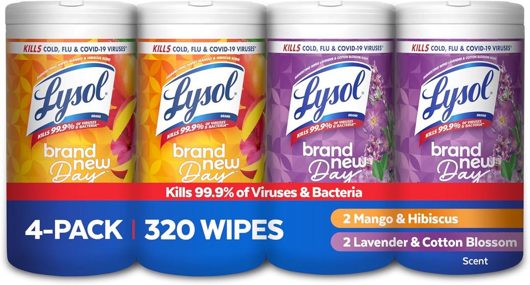 Lysol Disinfecting Wipes Bundle, Home Apartment Dorm Room Essentials and Cleaning Supplies, All Purpose Cleaner, Multi-surface Cleaning & Sanitizing Wipes, Lavender & Mango Scents, 80 Count (4pk) (320 Count (Pack of 1))