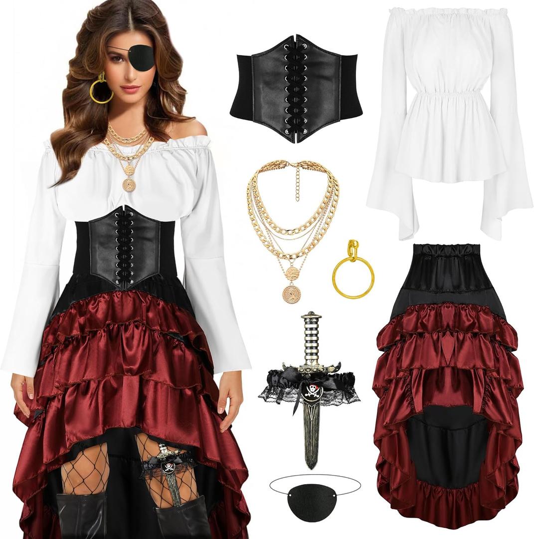 CICOCI Pirate Costume Women Outfits Renaissance Corset Steampunk Skirt Top Pirate Accessories Full Halloween Costume (X-Large, White)