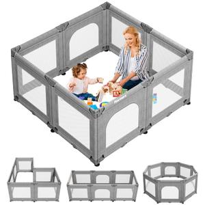 Portable Playpen for Babies and Toddlers with Foldable Adjustable Shape & Size, 56" L x 56" W x 28" H, 21 Square Feet, Baby Fence (Grey Without Mat)