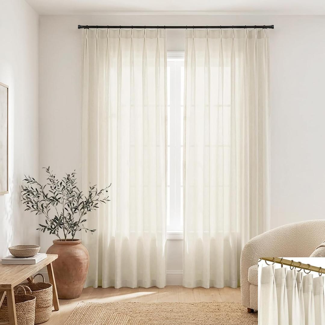 SHINELAND 98 Inch Pinch Pleated Linen Curtains, Light Filtering Semi-Sheer Panel for Living Room Bedroom (40"W x 98"L (Pack of 2), Natural)