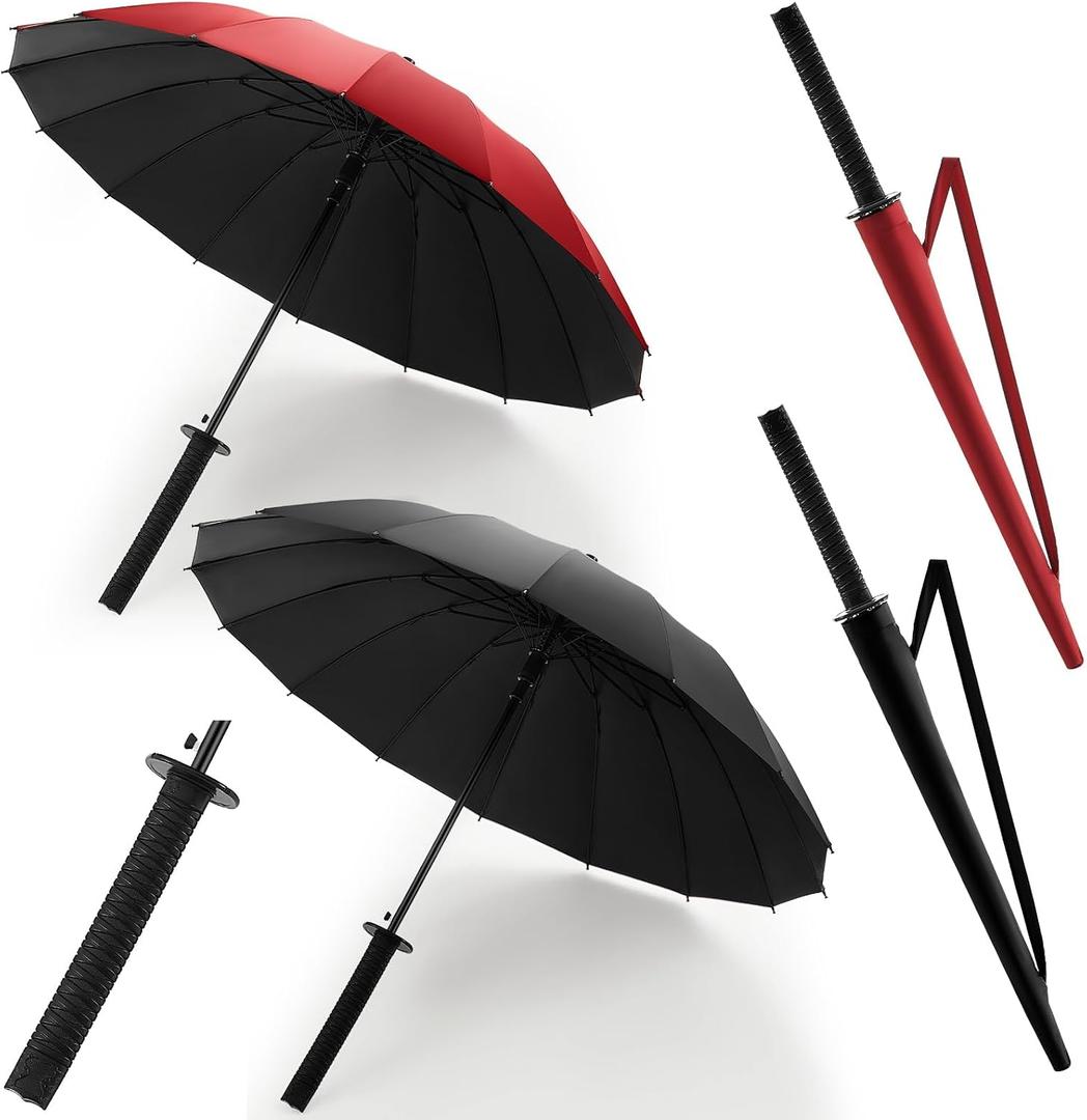 Talltalk 2 Pcs Samurai Umbrella Semi-automatic Katana Sword Umbrella Gifts for Men Women Cosplay Windproof Sun and Rain Protection Outdoor (Black,Red)