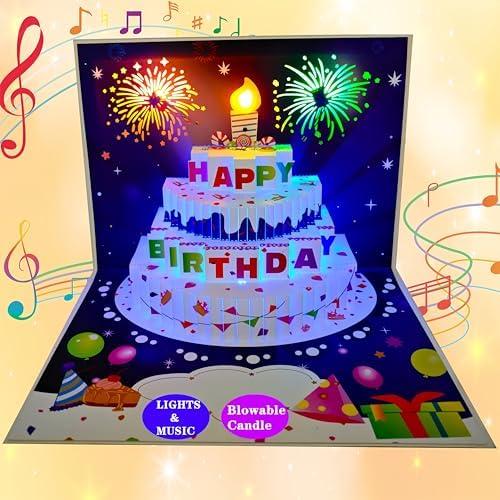 Akeydeco 3D Pop Up Birthday Cards,Auto Play 3D Changeable Colors Light Music Birthday Cake Cards Pop up Warming LED Colourful Happy Birthday Card Best for Mom,Wife,Sister,Girl,Friends, 2 Pack
