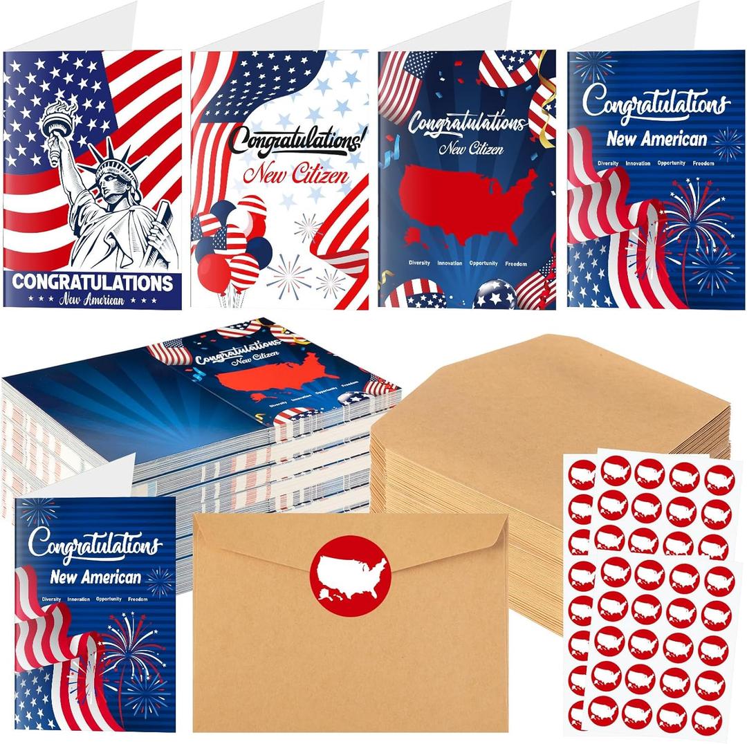 100 Sets New Citizen Cards, American Congratulations Greeting Cards with Envelopes and Stickers American Flag Patriotic Gift Set for Men Women