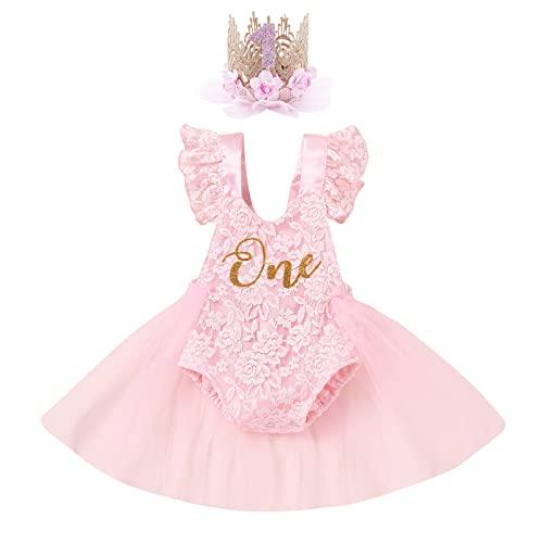 IBTOM CASTLE Baby Girl 1st Birthday Outfit, Boho Sleeveless Lace Tulle Romper Princess Tutu Dress One Year Old Clothes for Cake Smash Photoshoot Baby Shower Pink+Crown 12-18 Months, Size 90