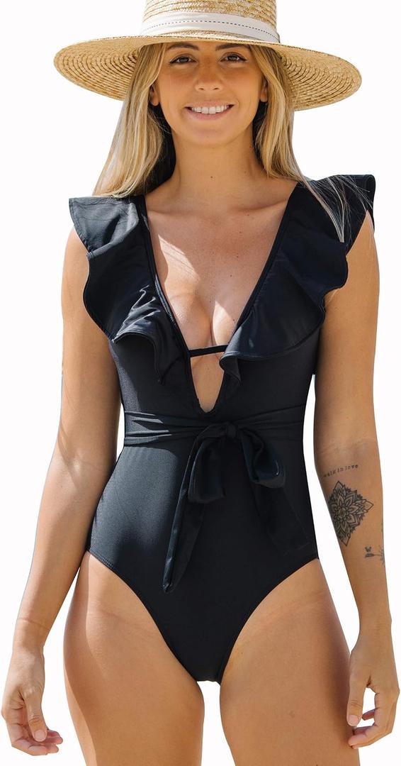 SPORLIKE Women One Piece Swimsuit V-Neck Ruffle Bathing Suit Padded Monokini (Black, M)