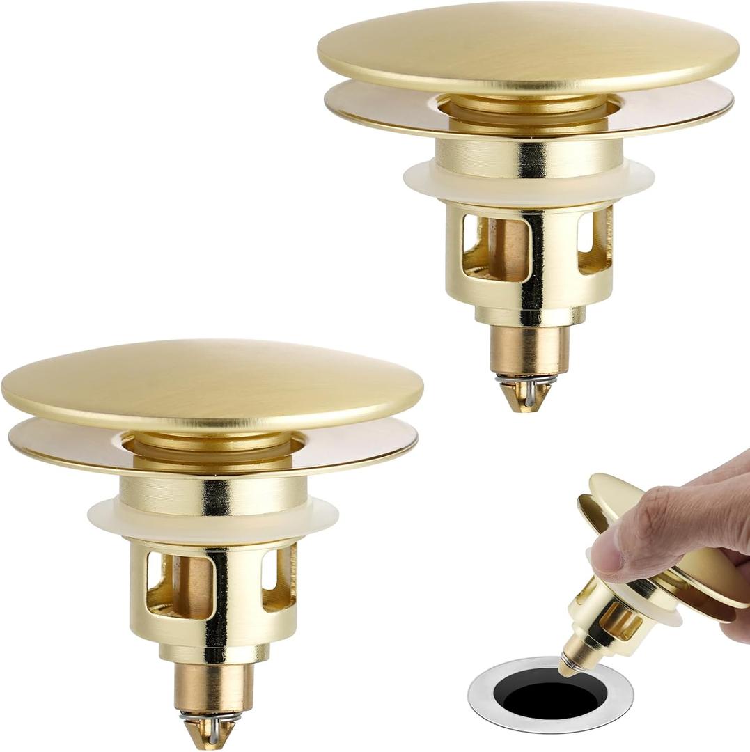 Universal 2PCS Bathroom Sink Stopper 2 in 1 Pop Up Metal Sink Drain Strainer with Hair Catcher, Fit for 1.1~2.36" Sink Basin Hole, Big Cover Cap, Anti-clog, Brushed Gold