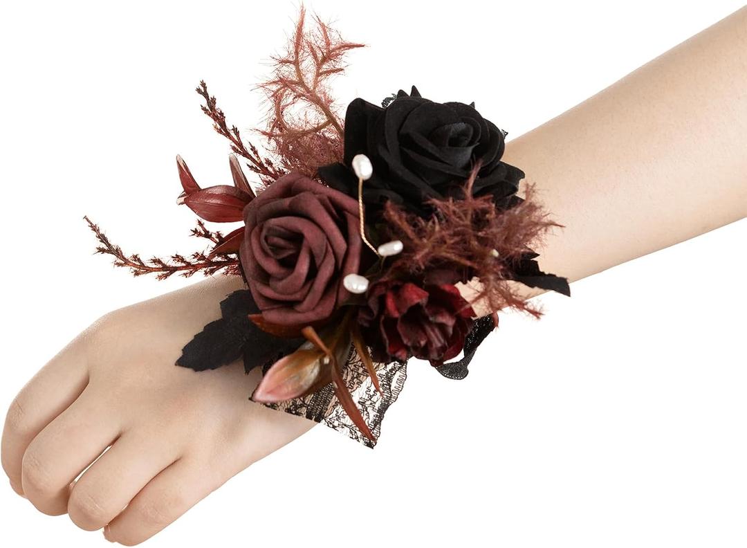 Ling's moment 6pcs Wedding Wrist Corsage Artificial Flowers, Girl/Mother Homecoming Prom Corsages Wristlet Halloween Dcor, etc. Black Gothic Burgundy