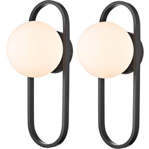 Mid Century Wall Light Matte Black Wall Sconces with White Globe Glass Shade, Set of 2 Vanity for Home Office, Living Room, Bathroom, Living Room