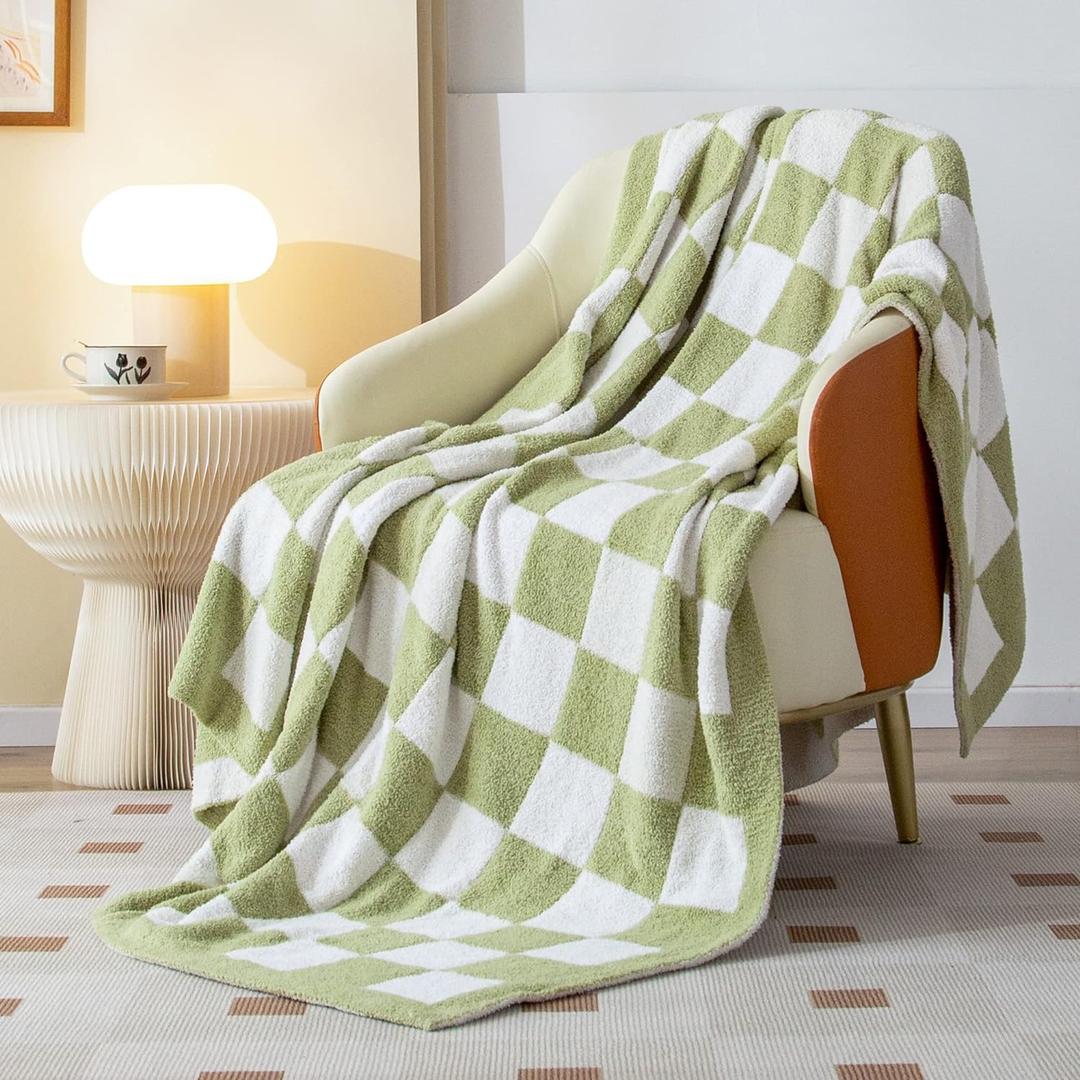 SeaRoomy Checkered Throw Blanket, Ultra Soft Cozy Microfiber Knit Throw Blanket, Warm Fluffy Reversible Checkerboard Blanket for Couch Bed Travel Picnic Room Decor(Sage Green, 60"79")
