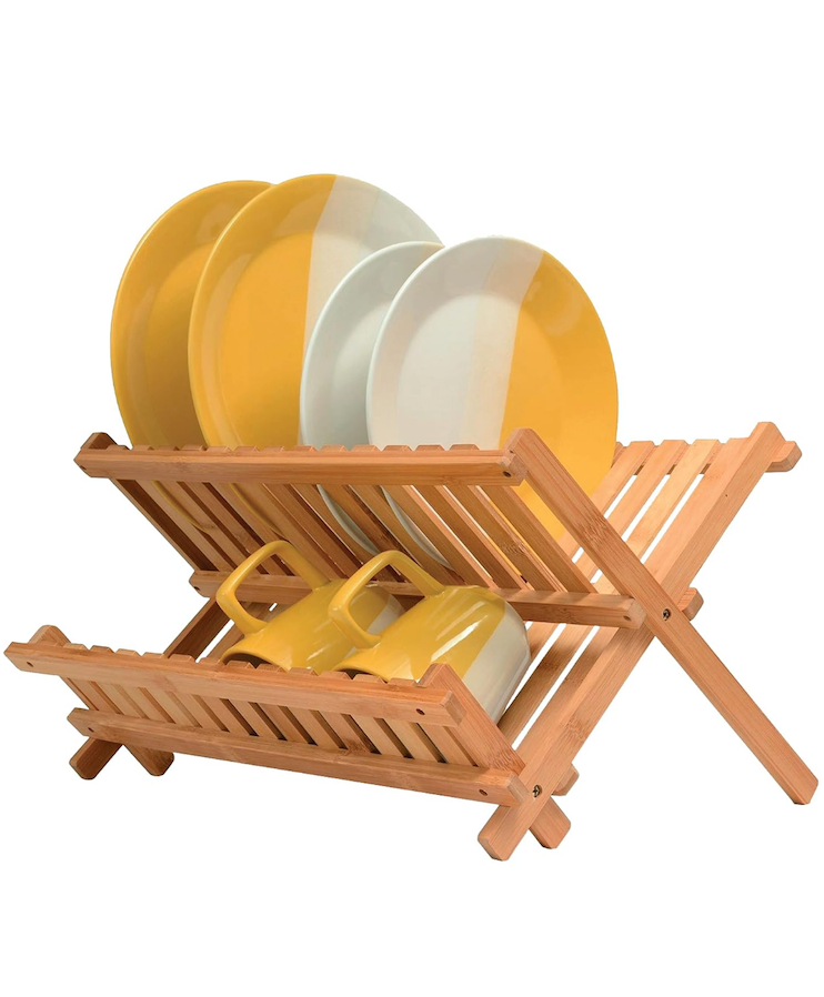 KAEASOUS Bamboo Dish Drying Rack - Large 2 Tier Wooden Dish Drying Rack for Kitchen, Wooden Plate Rack with Foldable Design, Drying Rack for Dishes, Utensils and Cups, Folding Dish Rack for Kitchen