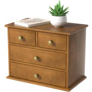 Oak Desk Organizer with Drawers, Durable Wooden Desktop Storage Box with Metal Handles & Non-Slip Silicone Pads, 4 Drawer Tabletop Organizer for Office, Bedroom, Bathroom, Vanity, and Makeup  Walnut