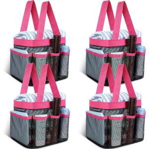 Hillban 4 Pcs Mesh Shower Caddy Portable Shower Caddy for Dorm Beach Mesh Bags with Deeper 8 Pockets and Handles Showers Caddies Basket for Women College Room Vacation (Rose Red)