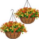 2 Set 14 Inch large Artificial Fall Hanging Baskets With 36 Pcs faux Mums Flowers for Outdoor , Lifelike Silk Floral Arrangement for Porch Garden Balcony and Home Patio Yard Fall Decor (Orange Yellow)