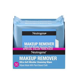 Neutrogena Makeup Remover Wipes, Ultra-Soft Cleansing Facial Towelettes for Waterproof Makeup, Alcohol-Free, Plant-Based, 50 Count (2 Packs of 25)