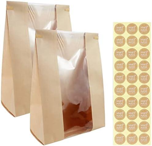 Twdrer 50 Pack Large Kraft Paper Bread Loaf Bag with Clear Front Window,Tin Tie Tab Lock Brown Bakery Coffee Cookie Treat Packaging Bags with 60 PCS Label Seal stickers(14" x 8.3" x 3.5")