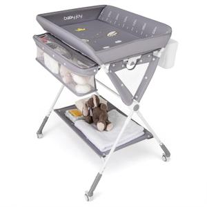 BABY JOY Portable Baby Changing Table, Foldable Diaper Changing Station with Wheels, Adjustable Height, Large Storage Rack, Garbage Can, Mobile Nursery Organizer for Newborn Infant (Gray)