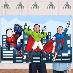 Superhero Photo Banner Backdrop Background Large Hero Face Photo Booth Props Fun Party Superhero Theme Decor for Birthday Party Favors Supplies Decorations
