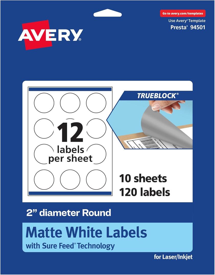 Avery TrueBlock Matte White Round Labels, Sure Feed Technology, 2" Diameter, 120 Matte White Labels, Print-to-The-Edge, Laser/Inkjet Printable, Great for Making Stickers or Product Merchandising