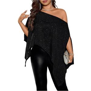 Women's Plus Size Sparkly Shirts Asymmetrical Poncho Top Off The Shoulder Glitter Blouse (X-Large Plus, Black)