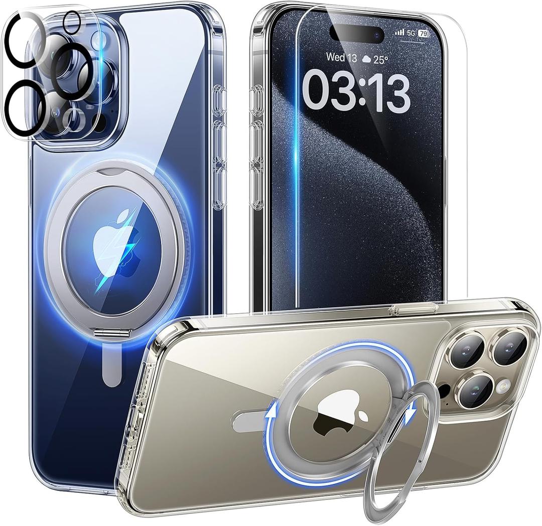 TAURI 360Rotatable Magnetic Ring for iPhone 15 Pro Max Case Clear, [Designed for Magsafe] with Stand & Ring Holder, [Not Yellowing] Phone Case for 15 Pro Max