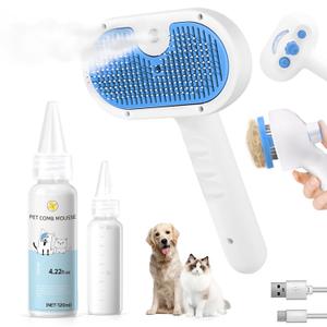 Pet Steam Brush for Dog & Cat - 3-in-1 Steam Grooming Brush for Shedding & Hair Removal - Self Cleaning Spray Comb with Mist for Long Haired Pets - Includes 1* Waterless Shampoo, Blue