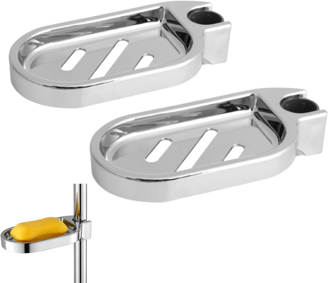 2PCS Soap Dish for Shower Rod, Soap Plates Smooth Bathroom Holder Adjustable Shower Rod Rail Slide Soap Dish Holder Tray for Bathroom Gadget