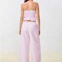 WDIRARA Women's Striped 2 Piece Pants Set Strapless Tie Bandeau Wide Leg Pants Outfits (Pink, XL)