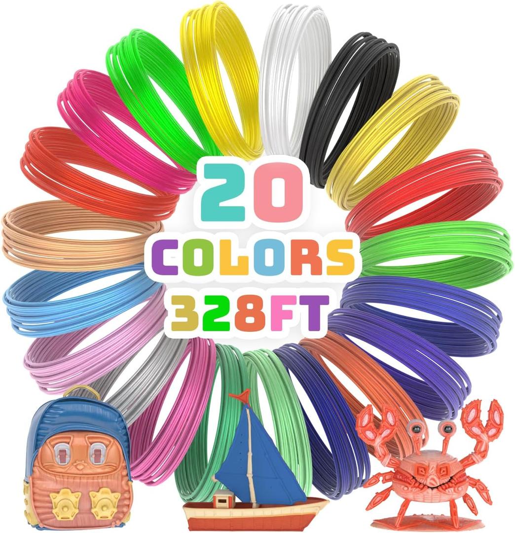 3D Pen Filament 1.75mm 20 Colors 3D Pen PLA Filament 3D Printing Pen Refills Each Color 16.4 Feet, Total 328 Feet Strong Toughness for FDM 3D Printer and 3D Pen