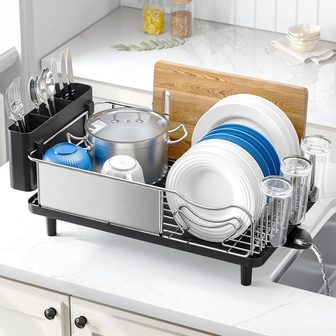 Urackify Stainless Steel Dish Drying Rack - Large Capacity Kitchen Counter Organizer with Drain Board, Utensil Holder & Detachable Cup Shelf, Surgical-Grade Rust-Proof Dish Drainer, Easy Assembly (Black)