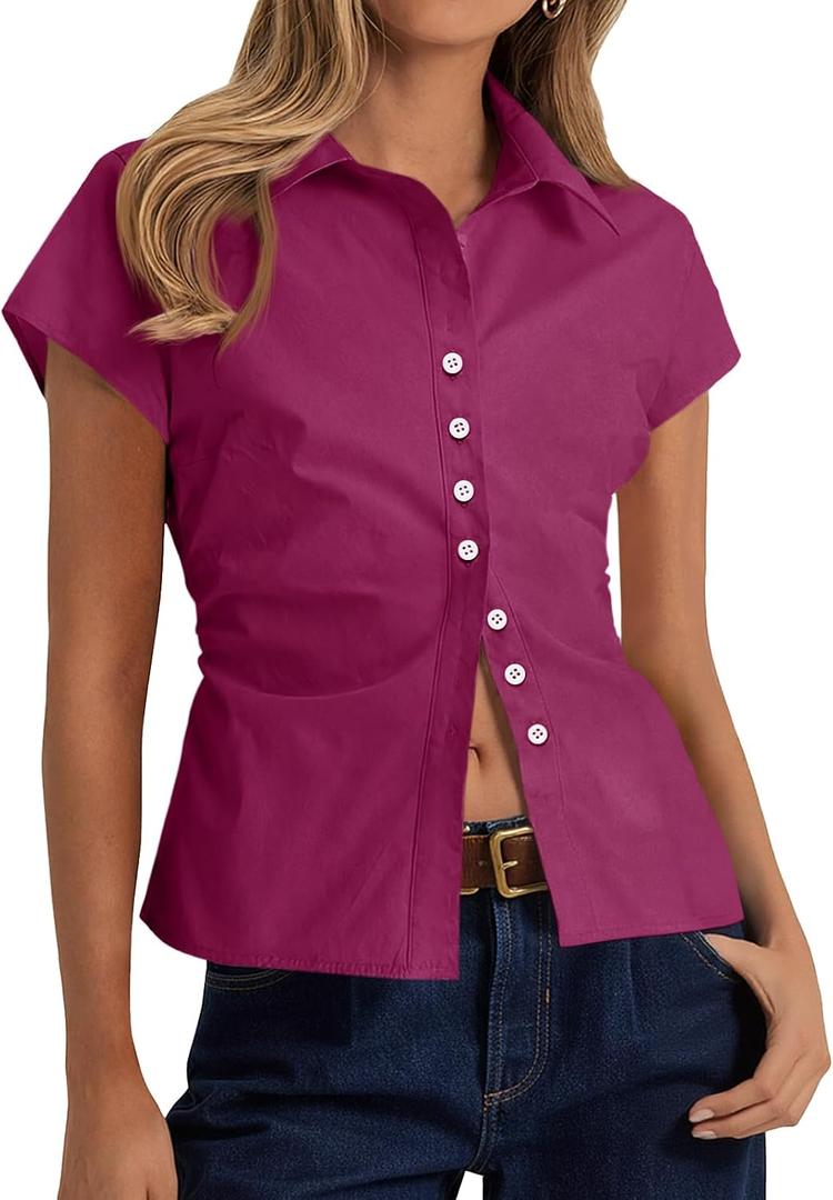 Cicy Bell Womens Summer Button Down Shirts Short Sleeve Petite Blouses Tops | Slim Fit, Casual Dressy, Ruched, Going Out (Purple, S)
