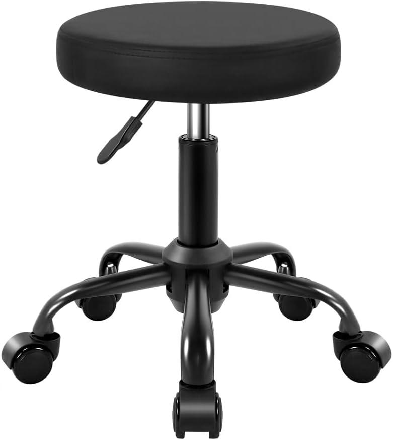KKTONER Round Rolling Stool Height Adjustable Stool PU Leather Chair with Wheels Salon Spa Drafting stools Small (Black)