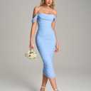 KUTUMAI Off Shoulder Corset Formal Wedding Guest Dresses for Women Elegant Bodycon Ruched Cocktail Party Midi Dress (Blue, L)