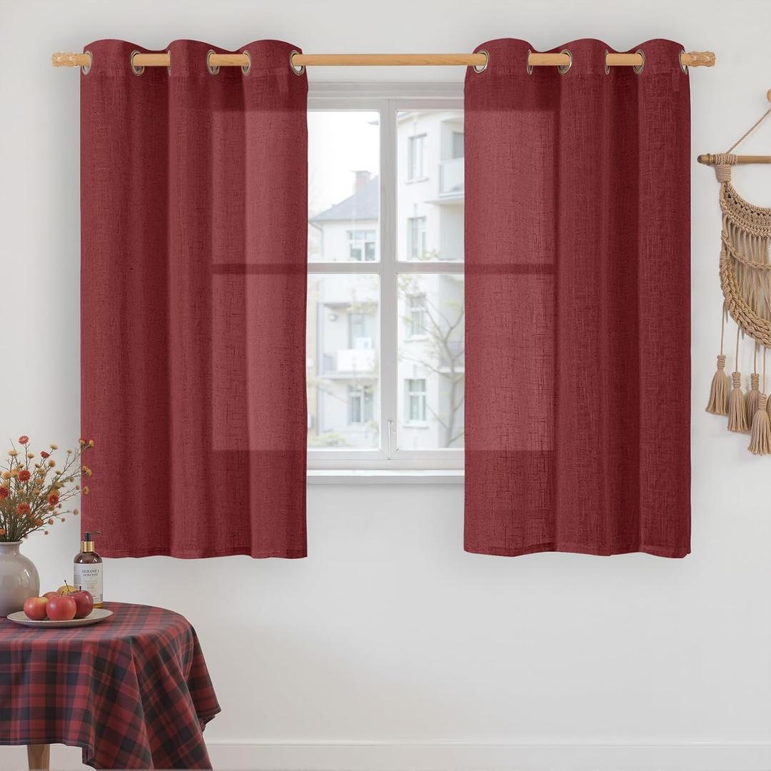 Burgundy Red Linen Curtains 48 Inch Length 2 Panels, 34 x 48 Inch | Light Filtering, Semi Sheer, Curtains for Small Windows, Kitchen, Bedroom, Boho, Christmas Decor, Bronze Grommet Drapes