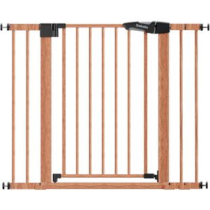 Mom's Choice Award Winner, Babelio 26-40" Metal Baby Gate with Wood Pattern, PressGuard C5 Easy Install Pressure Mounted Dog Gate for Stairs and Doorways, with Wall Protectors and Extension Kits