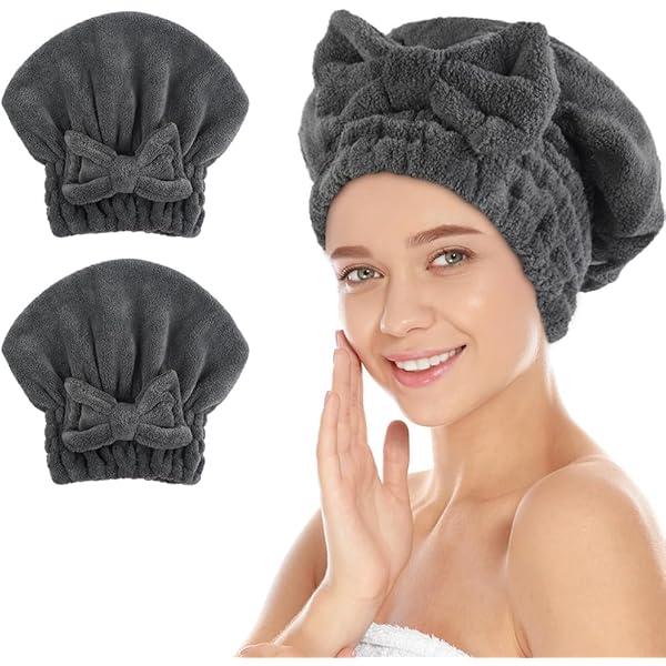 SUNLAND Large Microfiber Hair Drying Caps with Bow knot Fast Drying Shower Cap Soft and Absorbent hairWrap Hair Turban Bath Caps for Curly Thick and wet Hair 11 X 13.4 inch (Pack of 2, Dark Grey)