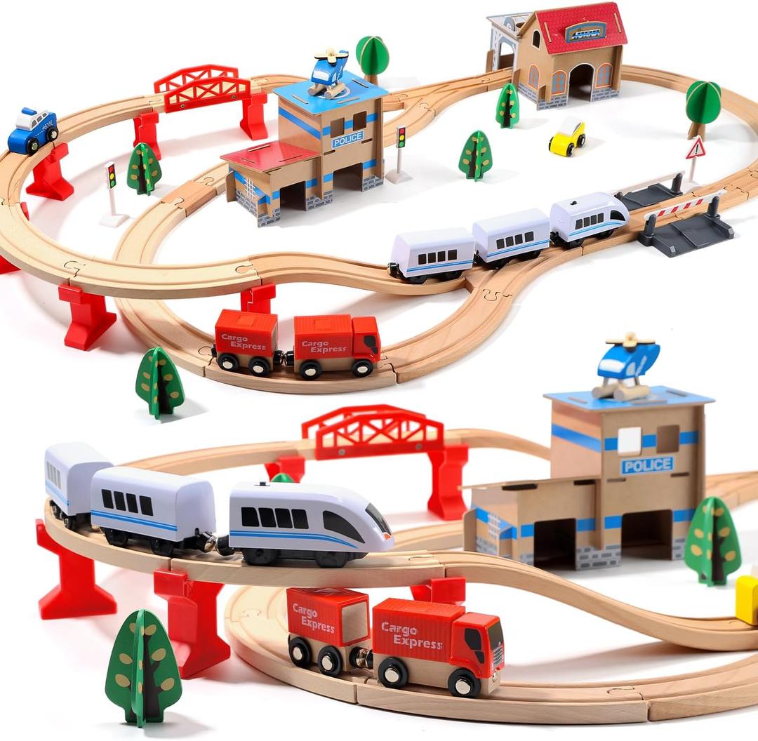Electric Toddler Wooden Train Set Toy, 88 PCS Train Track Toys for 3 4 5 Years Old, Great Christ Gift for Kids, Boys and Girls