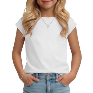 Oakgarden Girls Boat Neck Cap Sleeve Tops | Dressy Shirts, Short Sleeve Tees, Loose Fit Summer Casual T-shirts, Back to School Clothes 5-14 Years, Solid Color Outfits