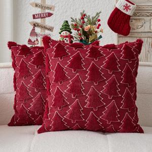 Kevin Textile Christmas Pillow Covers 18x18 Inch Set of 2 Interesting Christmas Tree Embroidery Soft Plush Faux Fur Decoration Pillowcases for Couch Sofa Holiday Festivals Winter Xmas Gift, Burgundy