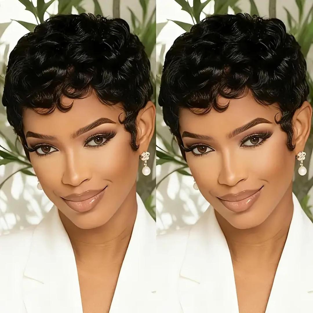 Pixie Cut Wig Human Hair Black Short Curly Wave Human Hair Wig Layered Natural Looking Short Style for Black Women None Lace Front Throw On and Go Wigs