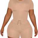 LovelyWholesale Women's Summer 2 Piece Outfits Skinny Shorts Tracksuit Sets L