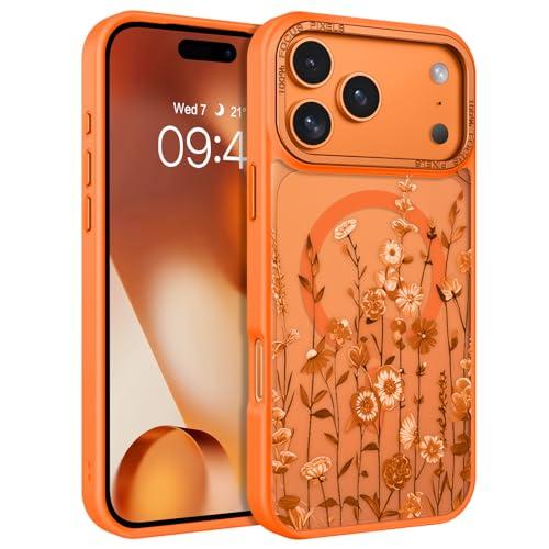 DOMAVER for iPhone 17 Pro Max Case, Magnetic Phone Case for iPhone 17 Pro Max [Compatible with MagSafe] Slim Fit Flowers Floral Design Shockproof Protective Bumper Women Men Girls Boys Cover - Orange