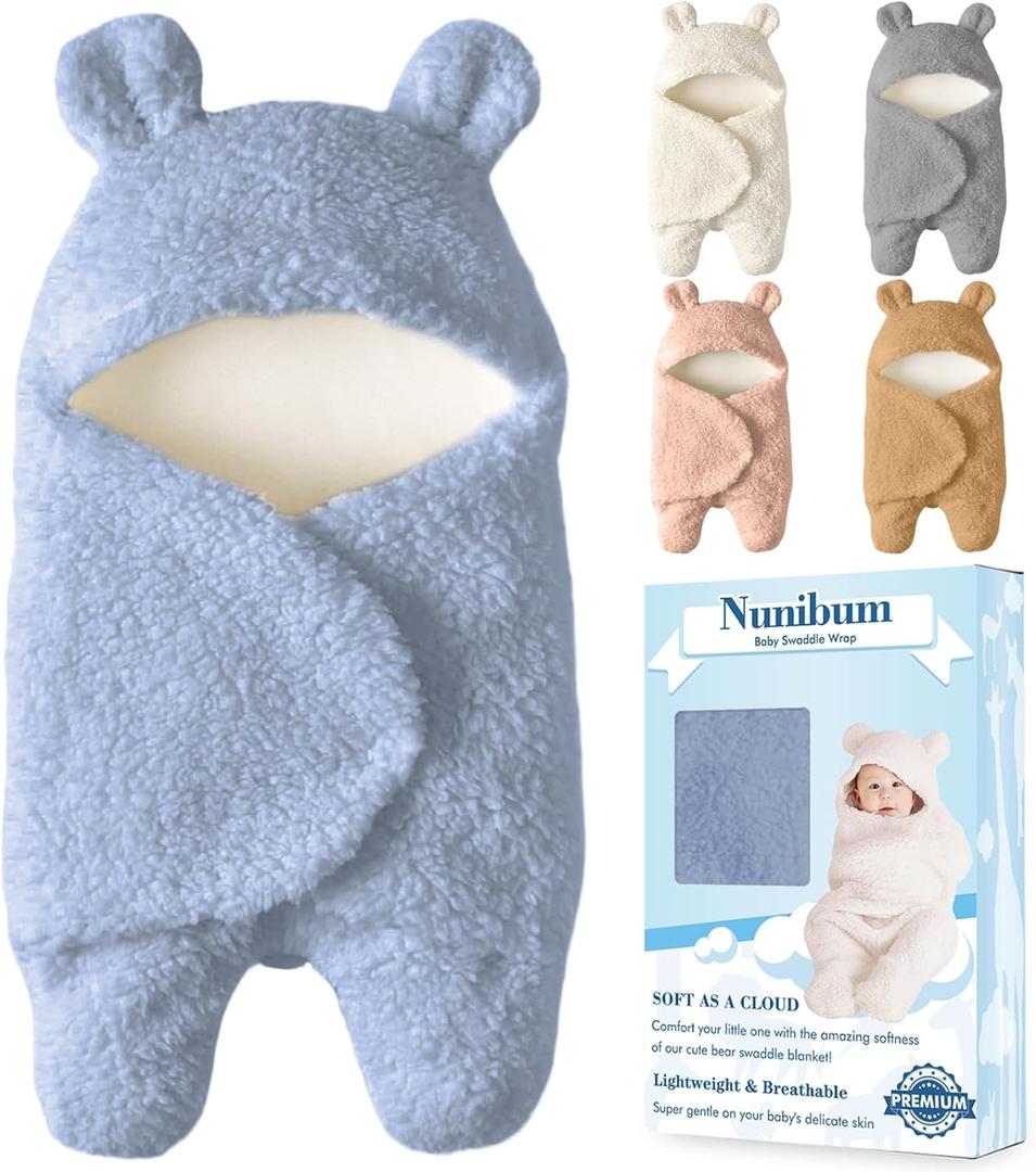 Nunibum Baby Swaddle Blanket Boys Girls Cute Bear Plush Essential Receiving Blanket Ultra-Soft Newborn Registry Sleeping Wraps for Infant 0-6 Months - Blue