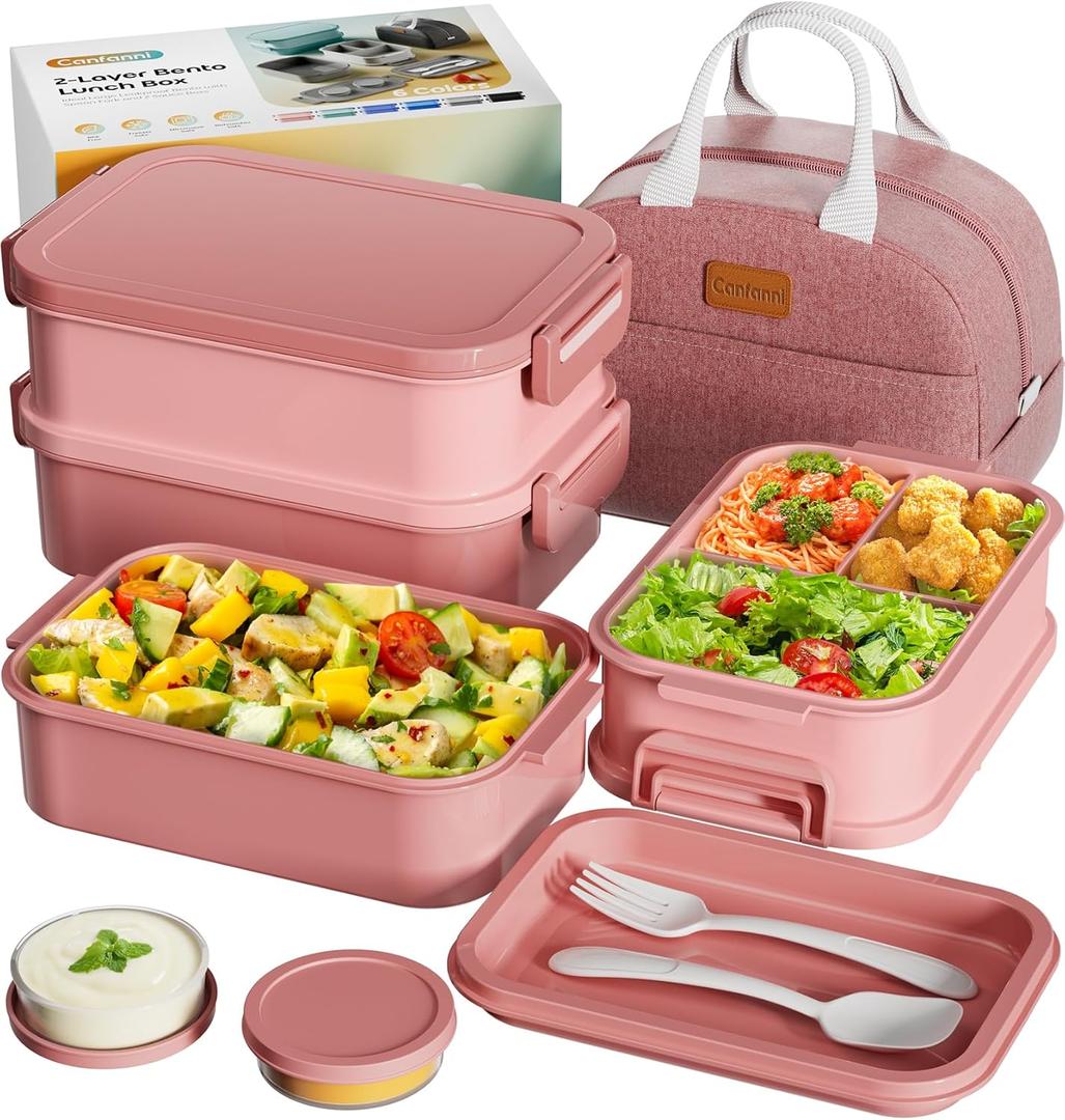 Adults Bento Box with Insulated Lunch Bag, 74oz Capacity 3 Stackable Leak-Proof Bento Box Built-In Utensil and Sauce, PFAS & BPA-Free, Microwave & Dishwasher Safe (Rose Pink)