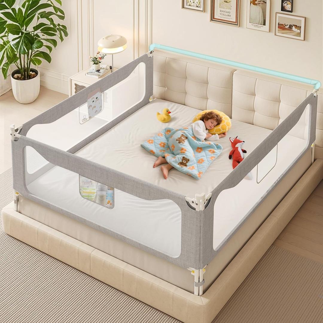 Updated King Size Bed Rail for Toddlers: 3-Side Protection Bedrail with Headbroad for King Bed - Extral Tall Adjustable Child Safety Side Railing Guards for Infants Kids Child(78.7x78.7X 74.8) (Grey)