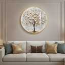 Large Framed LED Tree of Life Wall Art for Living Room, Modern Luxury Gold and White Floral Picture Artwork for Walls, Minimalist Lighted Wall Decor for Hallway, Dining Room, Bedroom, Office, 29.5"L x 29.5"W