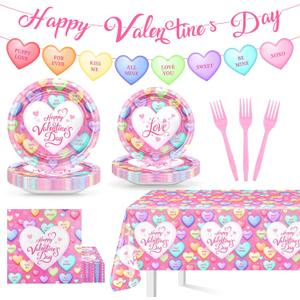Valentines Day Party Decorations Pink Happy Valentine's Day Plates Napkins Tablecloth Conversation Hearts Banner Valentines Party Supplies Serve 24