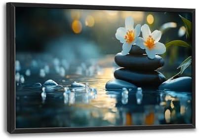 Zen Large Canvas Wall Art for Living Room, Lotus Framed Wall Decor, Stones in Water Landscape Pictures Painting, Modern Artwork for Spa Bathroom Bedroom 36L'' × 24W''